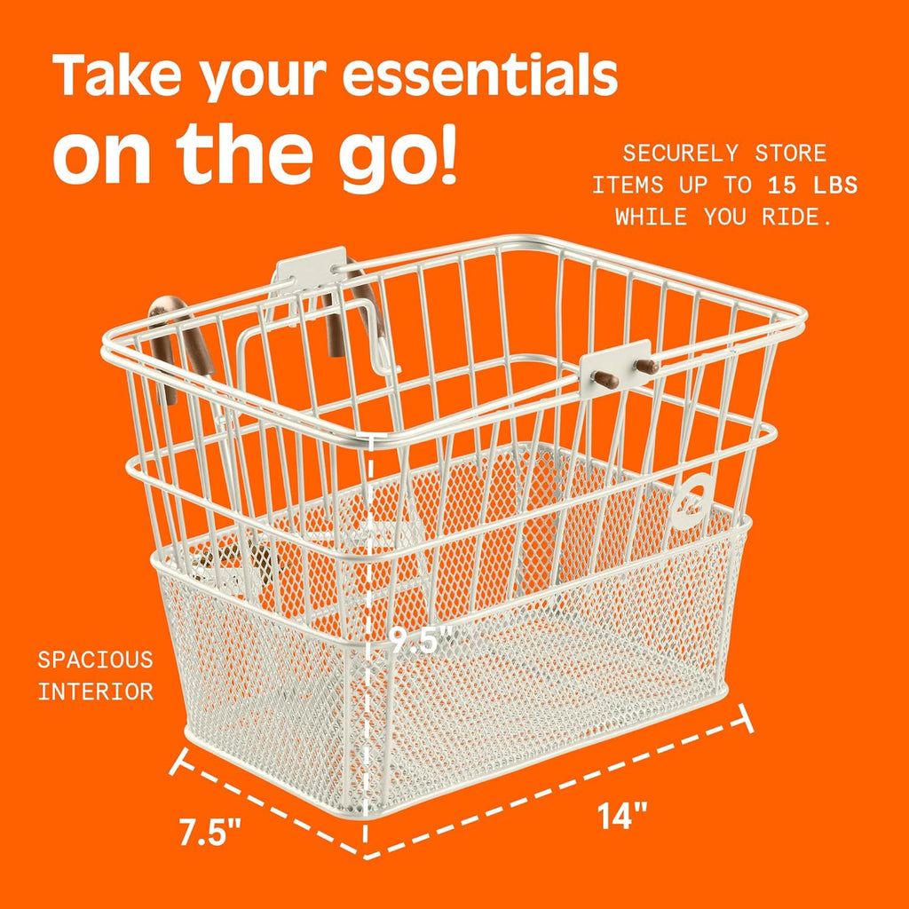 Retrospec Apollo Detachable Front Bike Basket Steel Half-Mesh with Integrated Detachable Hooks and Built-In Handle, Easy Assembly and Portability for Bicycles
