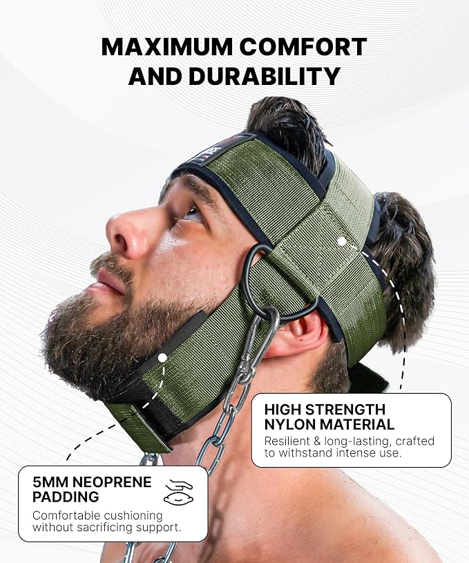DMoose Fitness Neck Harness for Weight Lifting - Soft Padded Head & Chin Strap with 30" Heavy Duty Steel Chain - Neck Exerciser, Trainer & Strengthener to Support Injury Recovery and Intense Workouts
