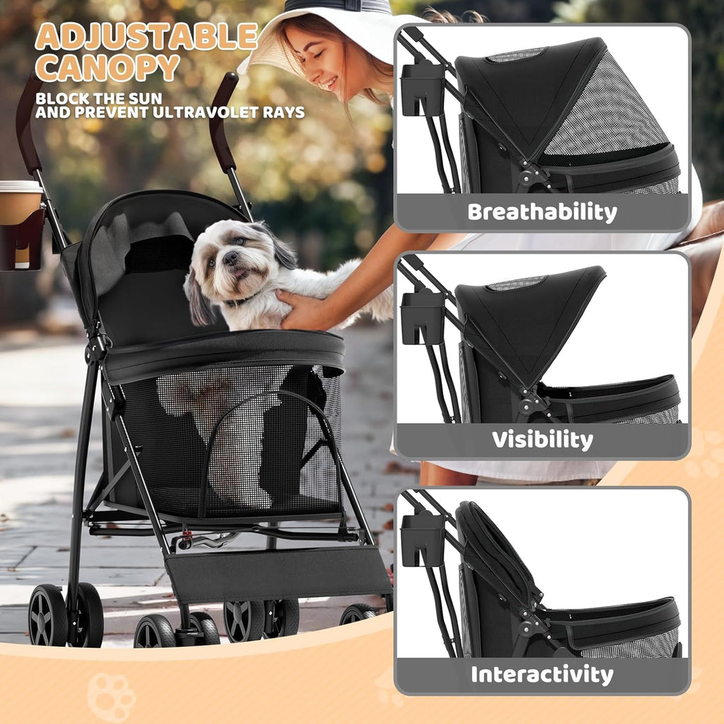 Magshion Compact Pet Stroller for Small-Medium Dogs/Cats up to 22lbs, 4-Wheel Lightweight Umbrella Shaped Portable Puppy Travel Jogger with Breathable Mesh, Cup Holder & Rear Storage, Black