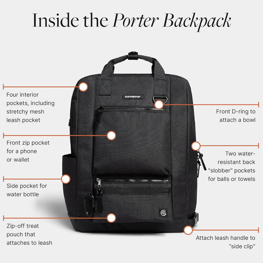 Porter 2-in-1 Dog Gear Backpack – Premium Dog Travel Bag with 10 Pockets, Zip-Off Treat Pouch, Leash Clip, Waterproof Pockets & Water Bottle Holder – Weekend, Hiking, Camping, Graphite
