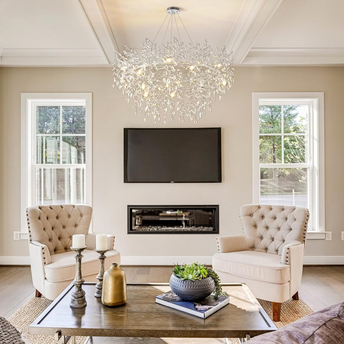 14-Light Modern Living Room Crystal Chandeliers,48" Round Silver Tree Branche Chandelier,Silver K9 Crystal Chandeliers for Dining Room,High Ceiling,Entryway、Foyer
