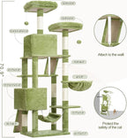 Gitelsnour Cat Tree for Indoor Cats, 71'' (180cm) Multi-Level Cat Tower for Large Adult, Sturdy Cat Tree House with 2 Scratching Boards 7 Posts, 2 Plush Perches/Condos, Hammock, Green GCT032GR