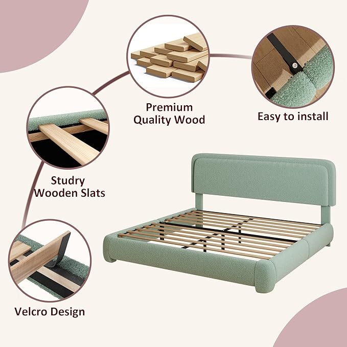 King Boucle Platform Bed Frame with Height Adjustable Headboard, Modern Upholstered Cloud Bed, Sleek Curved Design, No Box Spring Needed, Easy Assembly, Noise Free, Green