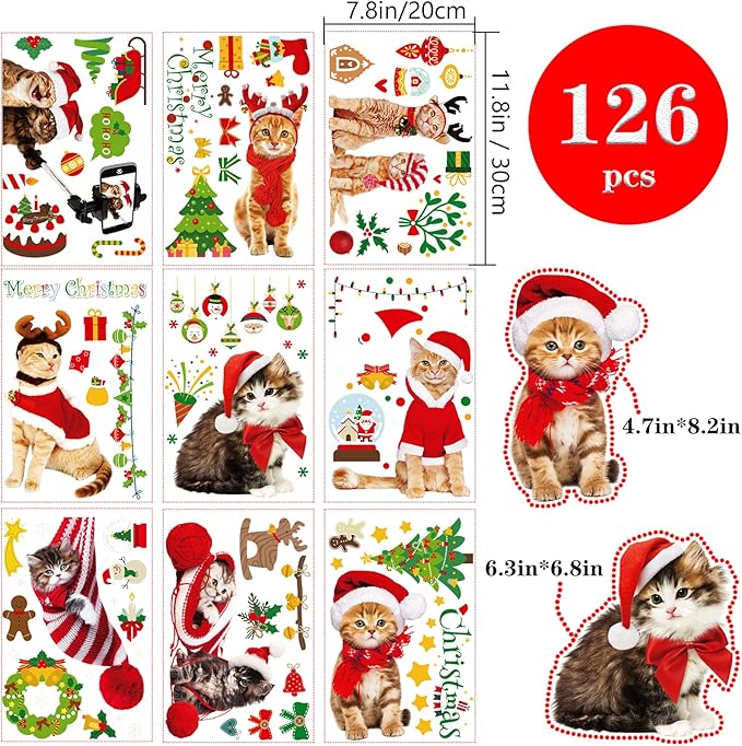 Christmas Window Clings Cat Dog Stickers for Window Glass, 290 PCS 18 Sheets Xmas Decals Decorations Christmas Cat Tree Bells Decals for Holiday Party(Dog and Cat)