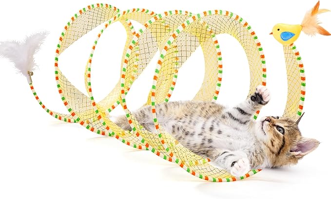 Potaroma Spiral Tunnel Cat Toy, Self Play Cat Play Spiral Kitten Collapsible Spring Tunnel Toy for Indoor Cats with Feather and Bell, 20 Inches Unfolded