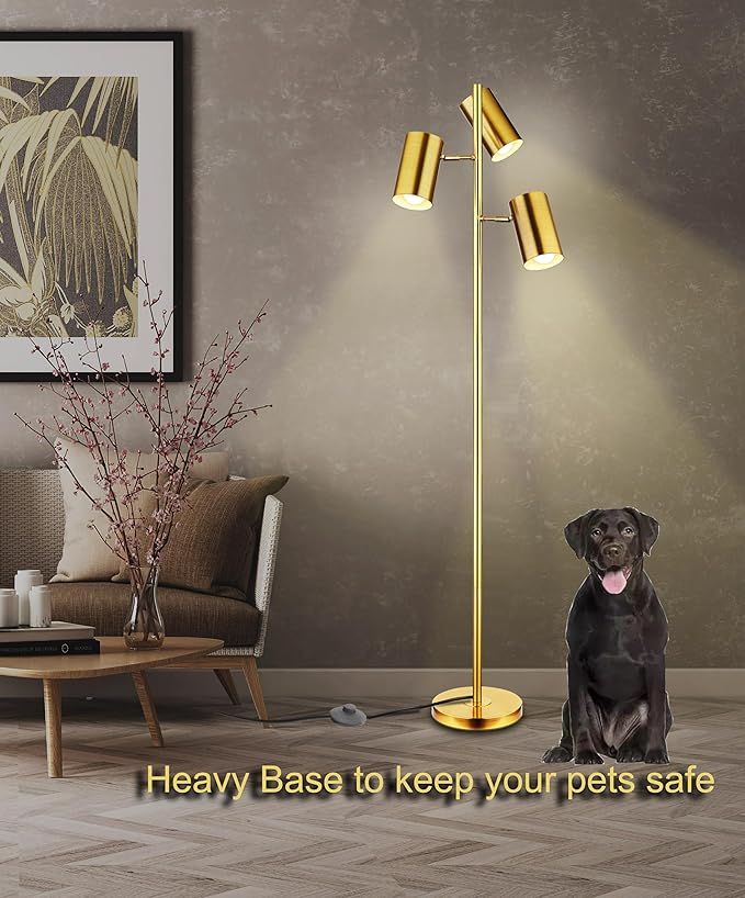 Tree Floor Lamp with 3 Light Bulbs,Gold Standing Tall Pole Lamp with 3 Adjustable Rotating Lights,Farmhouse Floor Lamp for Living Room Bedroom Office,Vintage Standing Lamp 9W E26 LED Bulbs Included