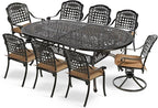 MEETWARM 9-Piece Outdoor Patio Dining Set for 8, All-Weather Cast Aluminum Patio Table and Chairs Set with 1 Oval Table, 6 Stackable Patio Chairs, 2 Swivel Rocker Chairs, 8 Cushions, 2" Umbrella Hole