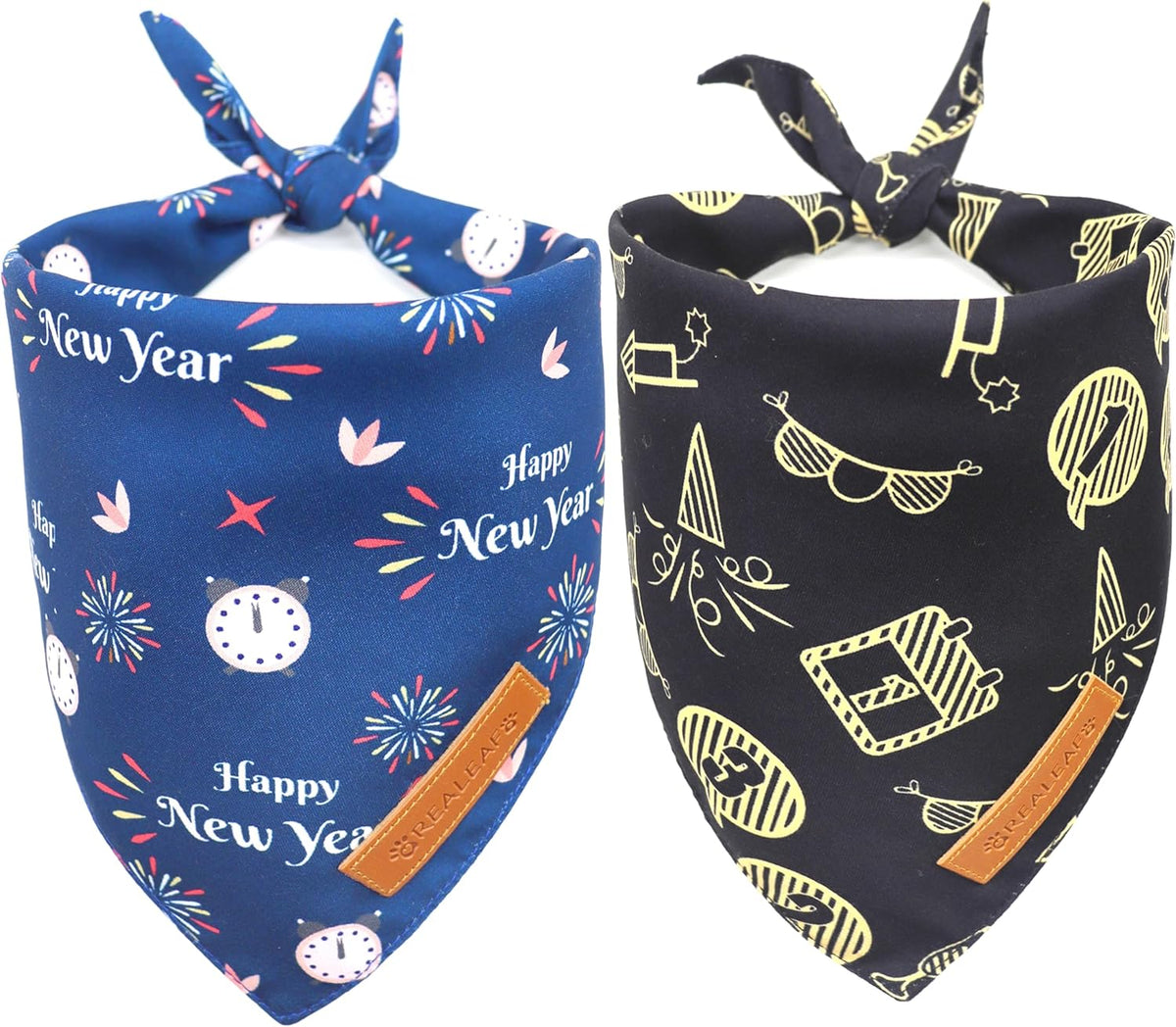 Realeaf Happy New Year Dog Bandanas 2 Pack, Reversible Holiday Pet Scarf for Boy and Girl, Premium Durable Fabric, Bandana for Small Medium Large and XLarge Dogs (Large)