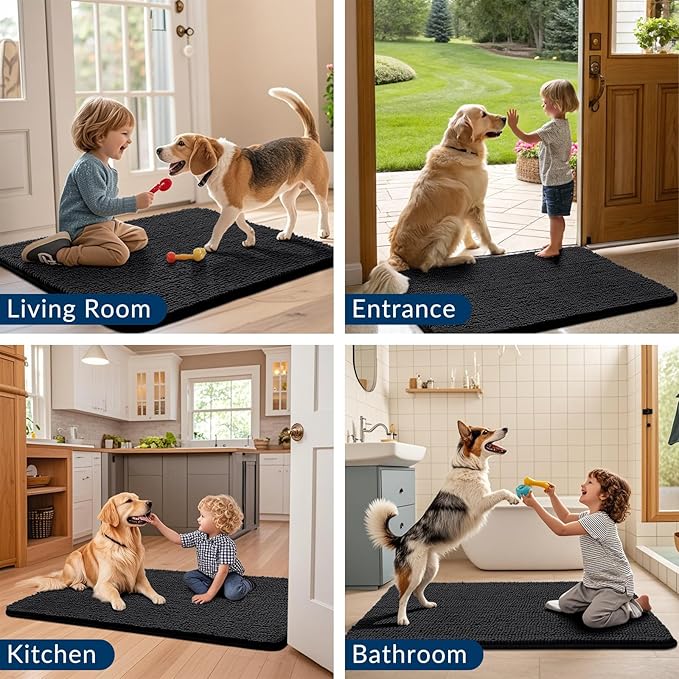 Smiry Dog Door Mat for Muddy Paws 44x32, Absorbs Moisture and Dirt Doormat, Non-Slip Washable Quick Dry Chenille Front Door Mat Indoor Entrance, Entryway Carpet for Inside Floor, Black