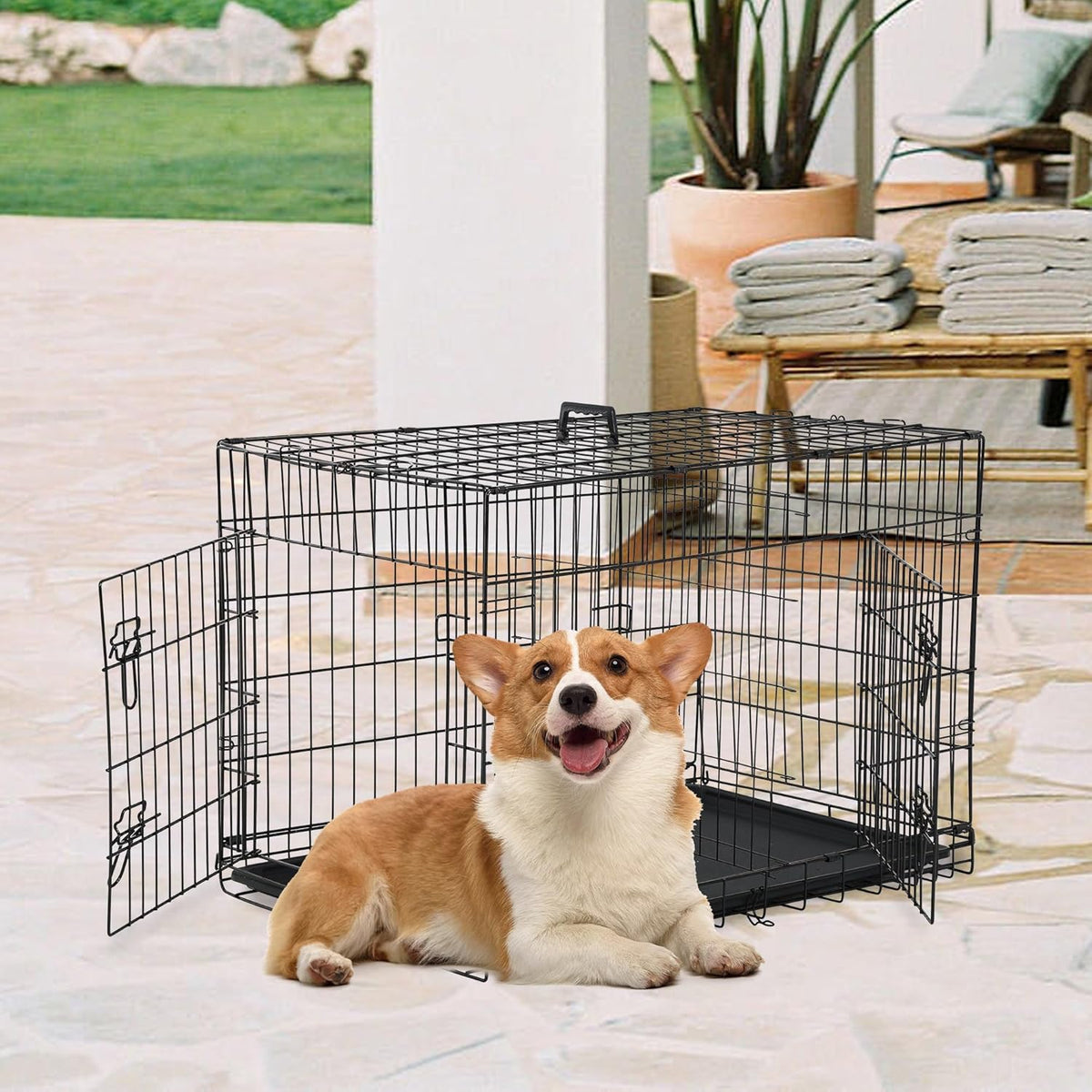 FDW 30 inch Dog Crate Dog Kennel Cage with Double Door Folding Metal Wire Dog Cage with Removable Tray&Divider Panel,Pet Crate for Medium Dogs,Black