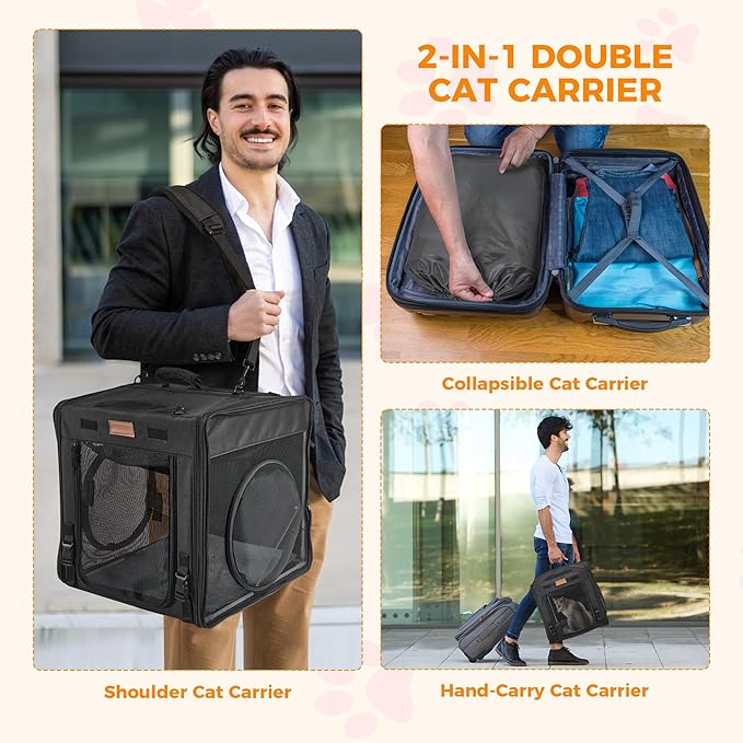 PETUX 2-in-1 Double Cat Carrier for Multiple Cats - Large Cat Travel Carrier with Litter Box, Play Tunnels, and Hammock - Portable Pet Carriers for Long Car Trips ＆ Vet Visit (34"x17"x17", Black)