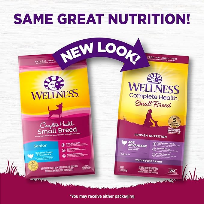 Wellness Complete Health Senior Dry Dog Food, Small Breed, Wholesome Grains, Natural, Age Advantage Turkey & Peas Recipe, (4-Pound Bag)