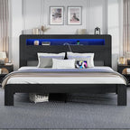 King Size Wooden Bed Frame with Bookcace Storage Headboard, Rustic Farmhouse Bedframe with LED Lights and Charging Station, Sturdy and Stable, Slat Support, No Box Spring Required (Black, King)