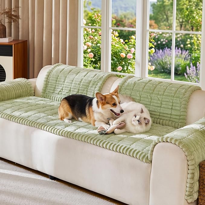 FUANGUI Waterproof Couch Cover Sofa Cover for Dogs and Pets Sofa Protector | Non-Slip Washable Fuzzy Soft Cat Sofa Slipcover for 2-3 Cushion Couch Sofa Pet Friendly, Grass Green, 27.6" x 94.5", 1 pcs