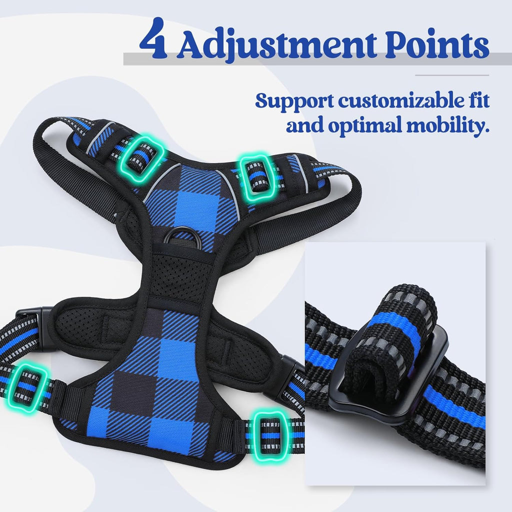 rabbitgoo Dog Harness No Pull with 2 Leash Clips, Adjustable Soft Padded, Reflective Oxford No Choke Pet Vest with Easy Control Handle for Large Dogs, Blue Plaid, L