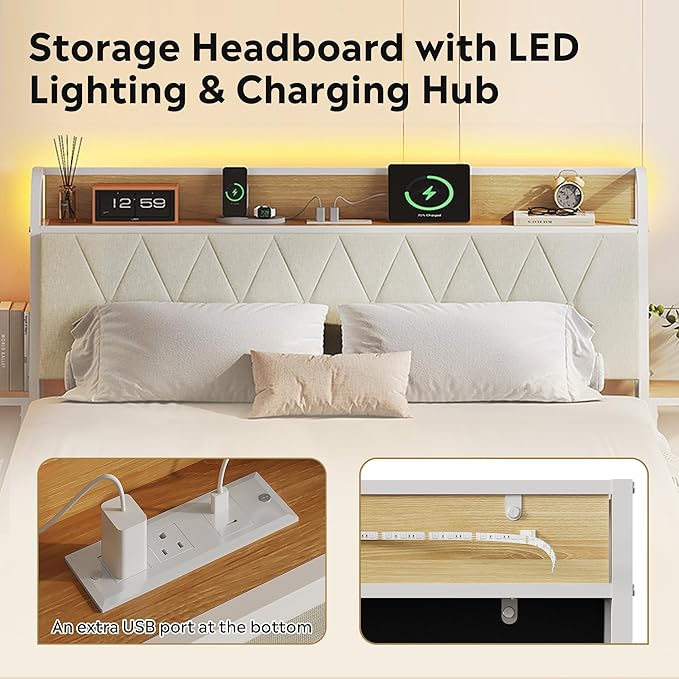 WLIVE Queen Size Upholstered Bed Frame with 2 Side Shelves, Linen Tufted Storage Headboard with Charging Ports and LED Light, Metal Solid and Stable, No Box Spring Needed, Easy Assembly, Beige
