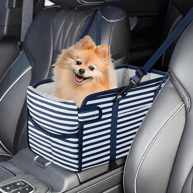 Portable Dog Car Seat for Small Dogs - Adjustable Safety Leash, Washable Cushion & Storage Pocket - Pet Booster Seat for Car Travel- Blue Stripes