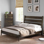 VanAcc Solid Wood Queen Bed Frame, Platform Bed with Reclining Slatted Headboard, Mid Century Bed Frame with Wood Slat Support, Dark Brown