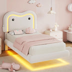 Twin Size Floating Bed Frame with LED Lights, Velvet Upholstered Headboard Bed Frame for Kids/Girls, Rounded Corners, Charging Station, No Box Spring Needed, White