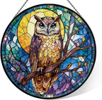 Owl Stained Glass Window Hanging, 7.9" Owl on a Branch Suncatcher for Window Doors Home Decoration, Owls Decor for Home, Mother's Day Christmas Birthday Gifts for Owls Lovers Women Men