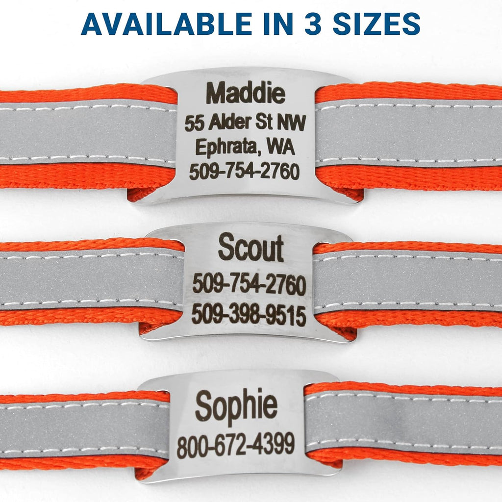 GoTags Reflective Personalized Dog Collar with Nameplate, Adjustable Dog Collar with Custom Engraved Steel Slide On Pet ID Tag, Silent, No Noise Dog Tag for Large Medium or Small (Orange, Large)