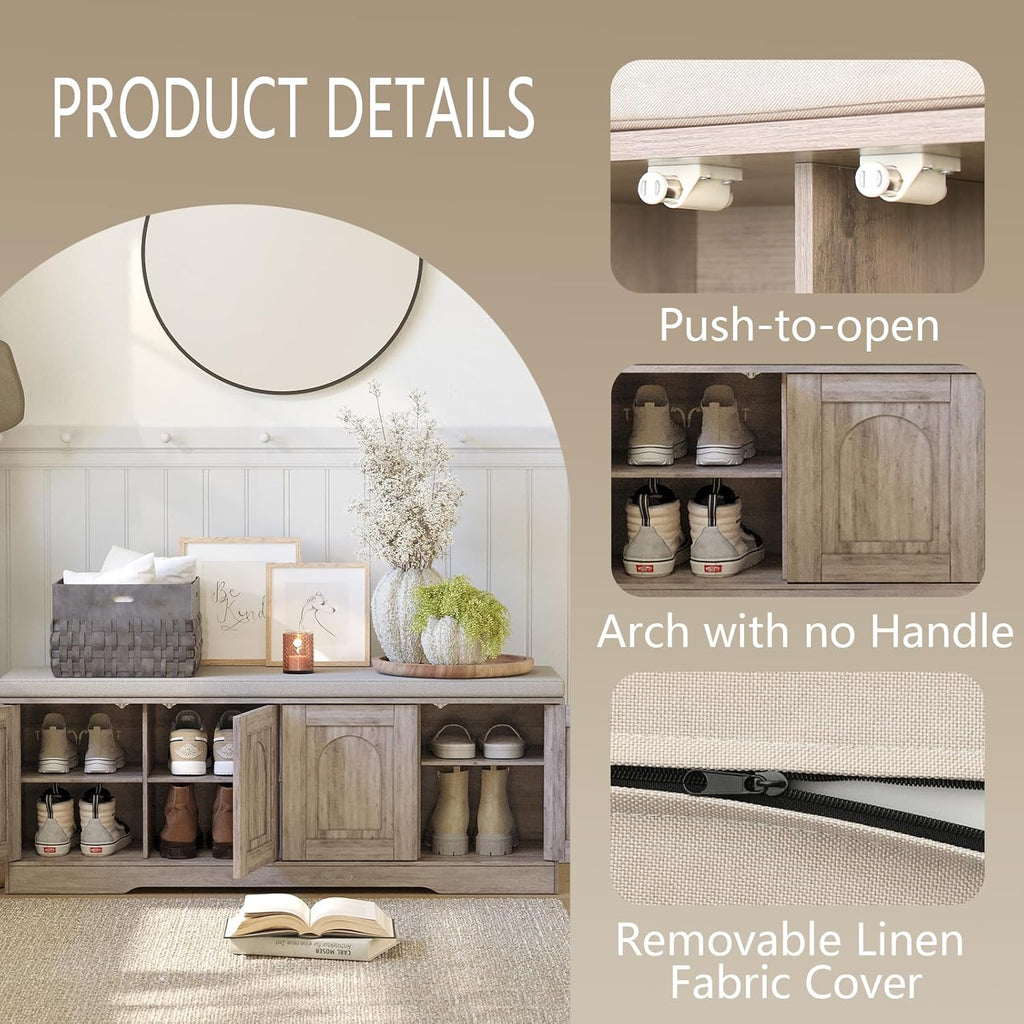 DINZI LVJ Shoe Bench, Entryway Storage Bench with Doors, Cushion, 2-Tier Shoe Rack with 8-Cubby, 47.2”L x 13.8”W Shoe Organizer Cabinet, Adjustable Shelf, Living Room, Bedroom, Greige