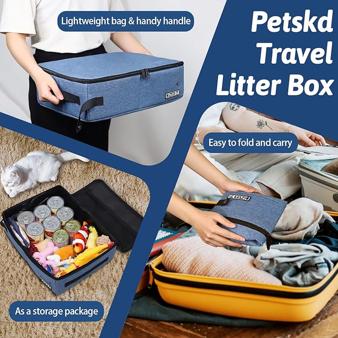 Petskd Portable Cat Travel Litter Box with Lid and 10 pcs Disposable Liner Bags, Leak-Proof and Collapsible, Cat Travel Essentials for Car, Hotel, Airplane and Other Outdoor Use(Blue)