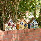 Glitzhome Bird Houses for Outside, 10.75" L Distressed Solid Wood Hanging Birdhouse with 3D Flowers Rustic Two-Story Townhouse Hand-Painted Garden Bird Houses for Outdoors,Washed White