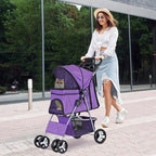 4 Wheels Dog Stroller Folding Pet Strolling Cart for Small Medium Cats Puppies Portable Jogger Travel Camping Puppy Carrier with Storage Basket Cup Holder, Purple
