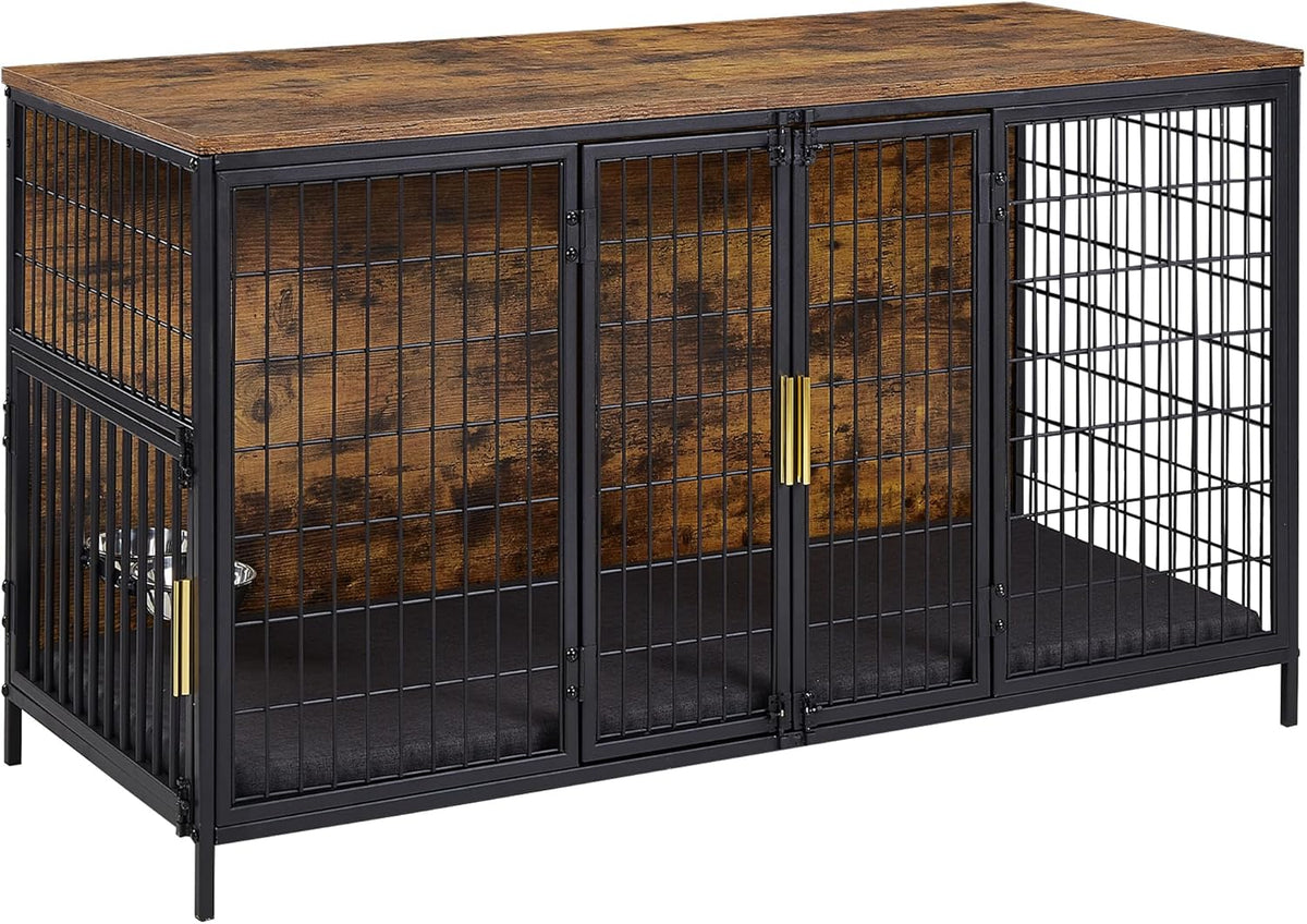 VECELO Dog Crate Furniture for Medium/Large Dogs, Wooden Dog Cage with Cushion, Double Door, Dog Kennel End Table, Brown