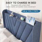 koorlian Queen Bed Frame with Headboard, Adjustable Upholstered Platform Bed Frame with Type-C&USB Ports, Wingback Storage Headboard, Solid Wood Slats Support, No Box Spring Needed, Dark Blue