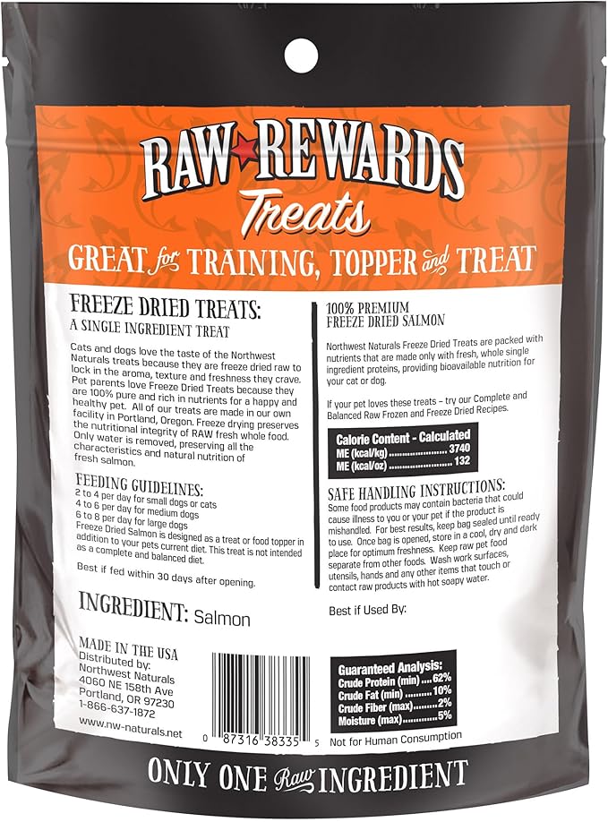 Northwest Naturals Raw Rewards Freeze-Dried Salmon Treats for Dogs and Cats - Bite-Sized Pieces - Healthy, 1 Ingredient, Human Grade Pet Food, All Natural, Proudly Made in USA, 2.5 Oz