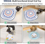 ORSDA Cat Toys, 4 in 1 Interactive Cat Toys for Indoor Kitten, Automatic Electric Enrichment Hide and Seek, Chase The Feather, 8 Holes Mice Whack-A-Mole, Catch Magic Wand