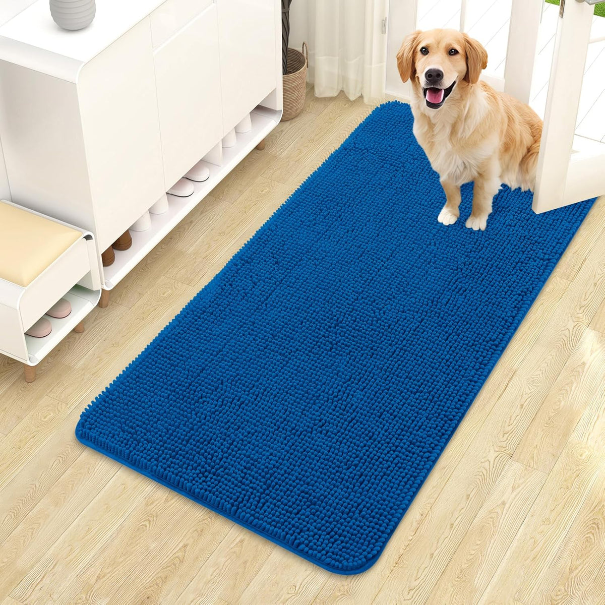 OLANLY Dog Door Mat for Muddy Paws 44x24, Absorbs Moisture and Dirt, Absorbent Non-Slip Washable Doormat, Quick Dry Chenille Mud Mat, Entry Indoor Entryway Carpet for Inside Floor, Deep Navy Blue