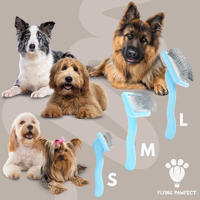 Slicker Brush for Dogs - Long Pin for Poodles, Doodles & Long Haired Dogs, Deshedding & Dematting Tool, Slicker Dog Brushes for Grooming (3 Baby Blue, Flat Large Bundle)