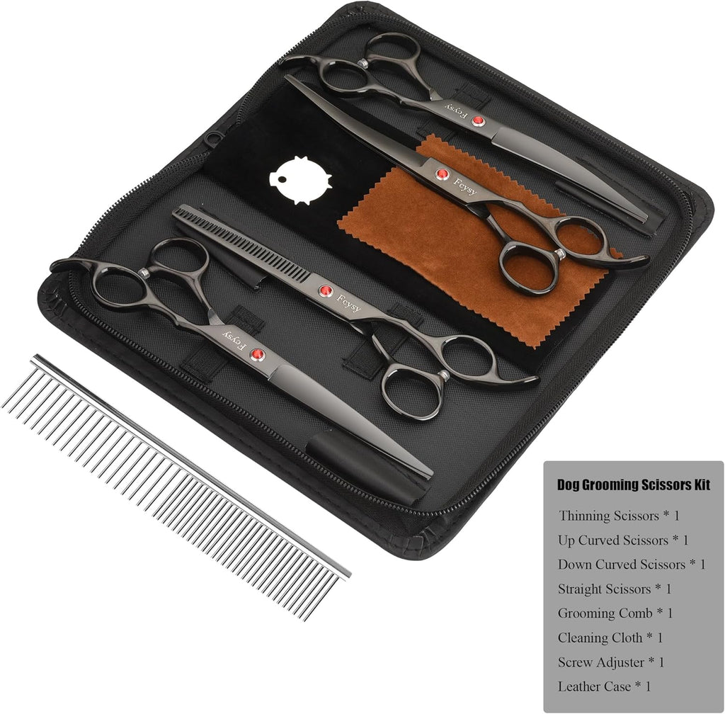 Dog Grooming Scissors Kit, Fcysy Professional Pet Hair Cutting Shears Set with Curved & Straight Blades Scissors Thinning Shears– Stainless Steel Grooming Tools for Dogs & Cats at Home