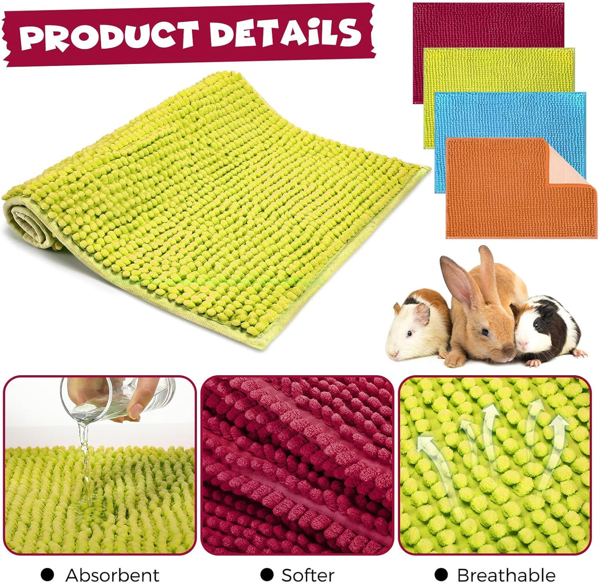Barydat 8 Pcs Guinea Pig Cage Liner for Guinea Pig Cage Bedding Reusable Rabbit Mat Pad Washable Training Pad Animal Sleeping Bedding Mat(16x12'',Champagne, Lake Blue, Dark Purple, Grass Green)