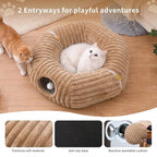 Dogpals Cat Tunnel Bed Cave 33" Lx10 Wx10 H for Indoor Cats(Khaki) | Washable Cozy Cushion, Soft Striped Plush Fabric, Hideaway Peekaboo Cave for Kittens, Puppies, Rabbits & Small Pets