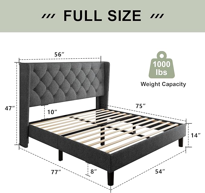 Feonase Full Size Bed Frame with Upholstered Wingback Headboard, Platform Bed and Heavy Duty Wooden Slats Support, Easy Assembly, Noise-Free, No Box Spring Needed, Dark Gray
