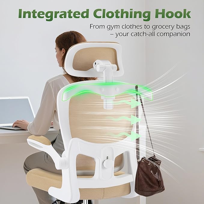 Office Chair Ergonomic Desk Chairs with Adjustable Lumbar Support& Headrest Hanger, High Back Breathable Mesh Chair with Wheels, Rolling Swivel Comfy Task Computer Chair for Home Work Gaming