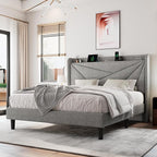 Queen Size Upholstered Bed Frame with Charging Station, Platform Bed Frame with Storage Headboard, Solid Wood Slats Support, No Box Spring Needed, Light Gray