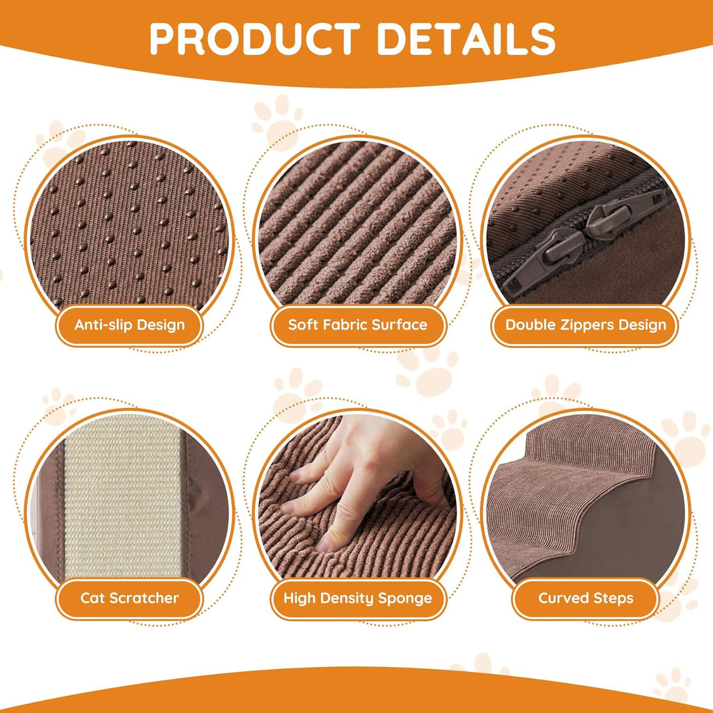 Pet Stairs, Dog Stairs for Small Dogs, Dogs Steps, 5-Step Curved Dog Ramp for Bed, Couch, Sofa, Car and Chair, Non-Slip Bottom Design, Cat Scratching Board, High Density Foam Portable Pet Step, Coffee
