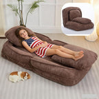 Foldable Lazy Sofa Bed with 5 Levels Adjustable Backrest, Brown | Comfy Upholstered Human Dog Bed for Adults and Pets, Lazy Floor Lounger with 2 Soft Cushions for Living Room Bedroom