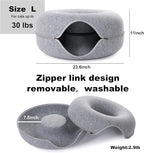 Large Cat Tunnel Bed for Indoor Cats with 3 Toys, Scratch Resistant Donut Cat Bed, Up to 30 Lbs (L 24x24x11, Light Grey)