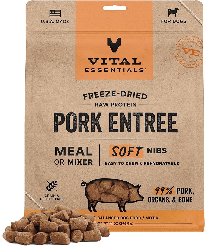 Vital Essentials Freeze-Dried Raw Pork Entree & Mixer Dog Food Soft Nibs | 99% Pork, Organs & Bone | 14 oz