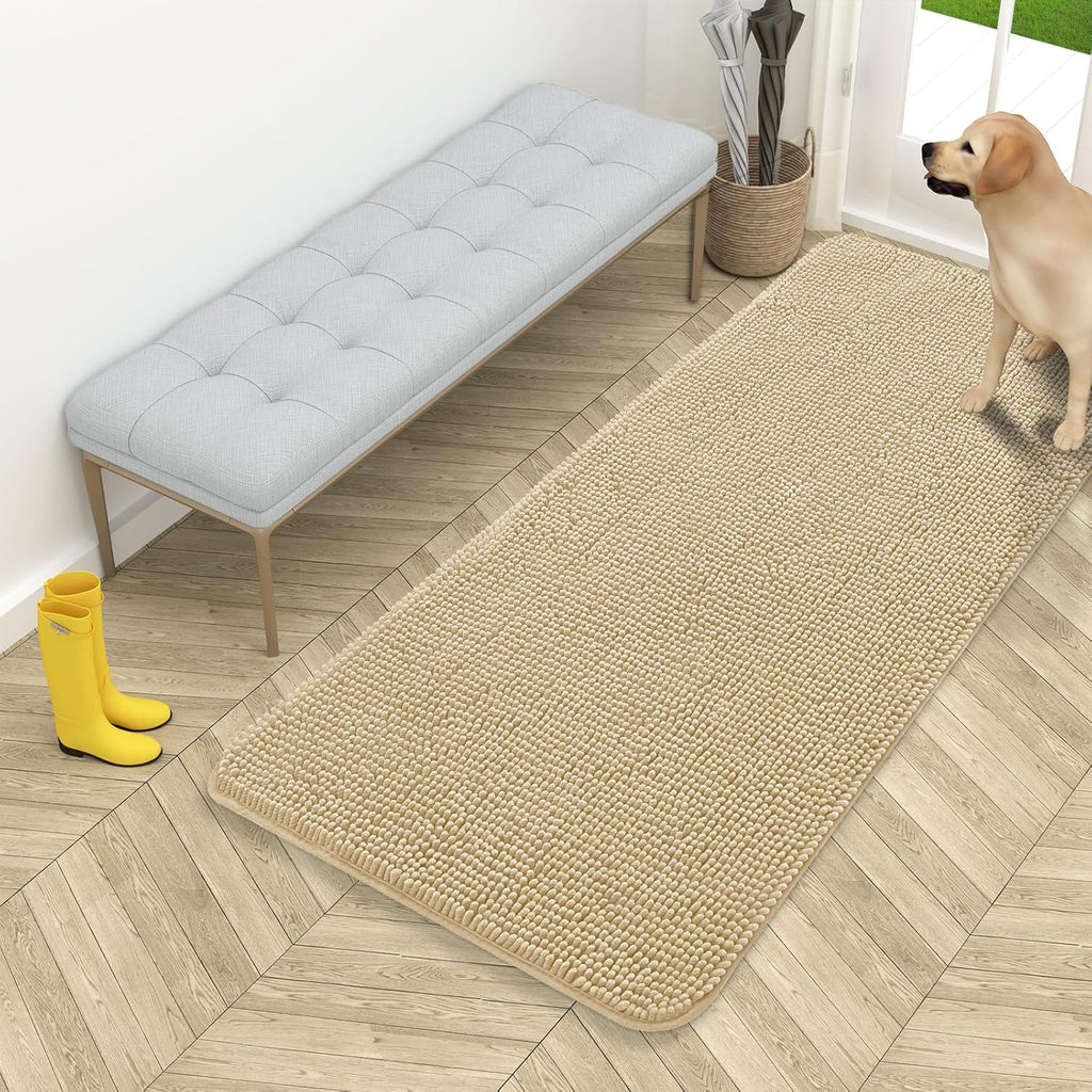 OLANLY Dog Door Mat for Muddy Paws 54x24, Absorbs Moisture and Dirt, Absorbent Non-Slip Washable Doormat, Quick Dry Chenille Mud Mat for Dogs, Entry Indoor Entryway Carpet for Inside Floor, Beige