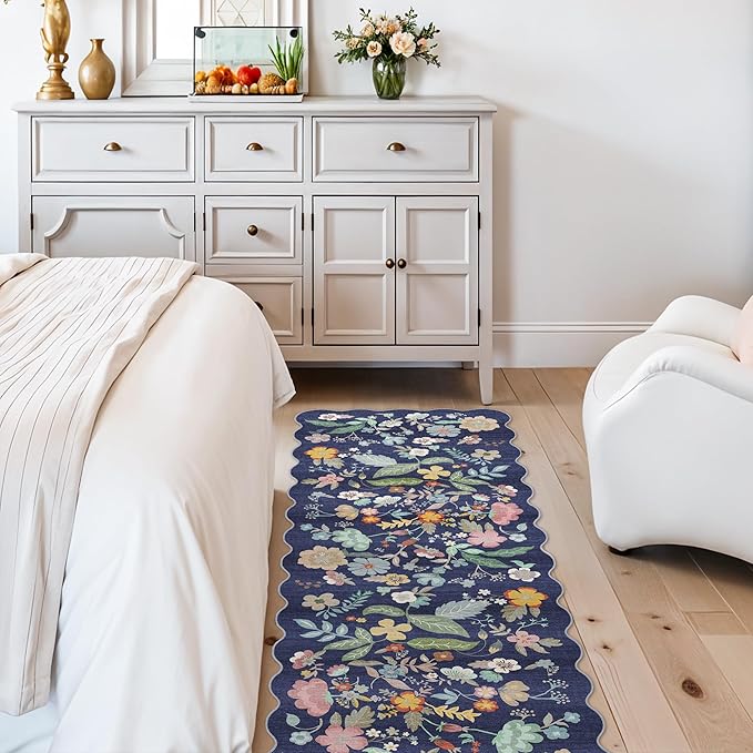 2x6 Hallway Floral Rug Runner: Washable Non Slip Low Pile Area Rug for Kitchen Front Door Soft Water Resistant Carpet for Bathroom Light Weight Durable Floor Mat for Bedroom Nursery(2x6/Blue/Purple)