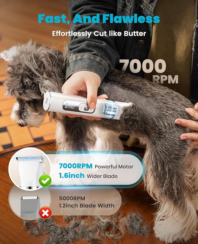 oneisall 4 in 1 Dog Grooming Kit with LCD Display, Dog Hair Trimmer for Paw Nail Grinder, Rechargeable Cordless Low Noise IPX7 Waterproof Pet Clippers (White)