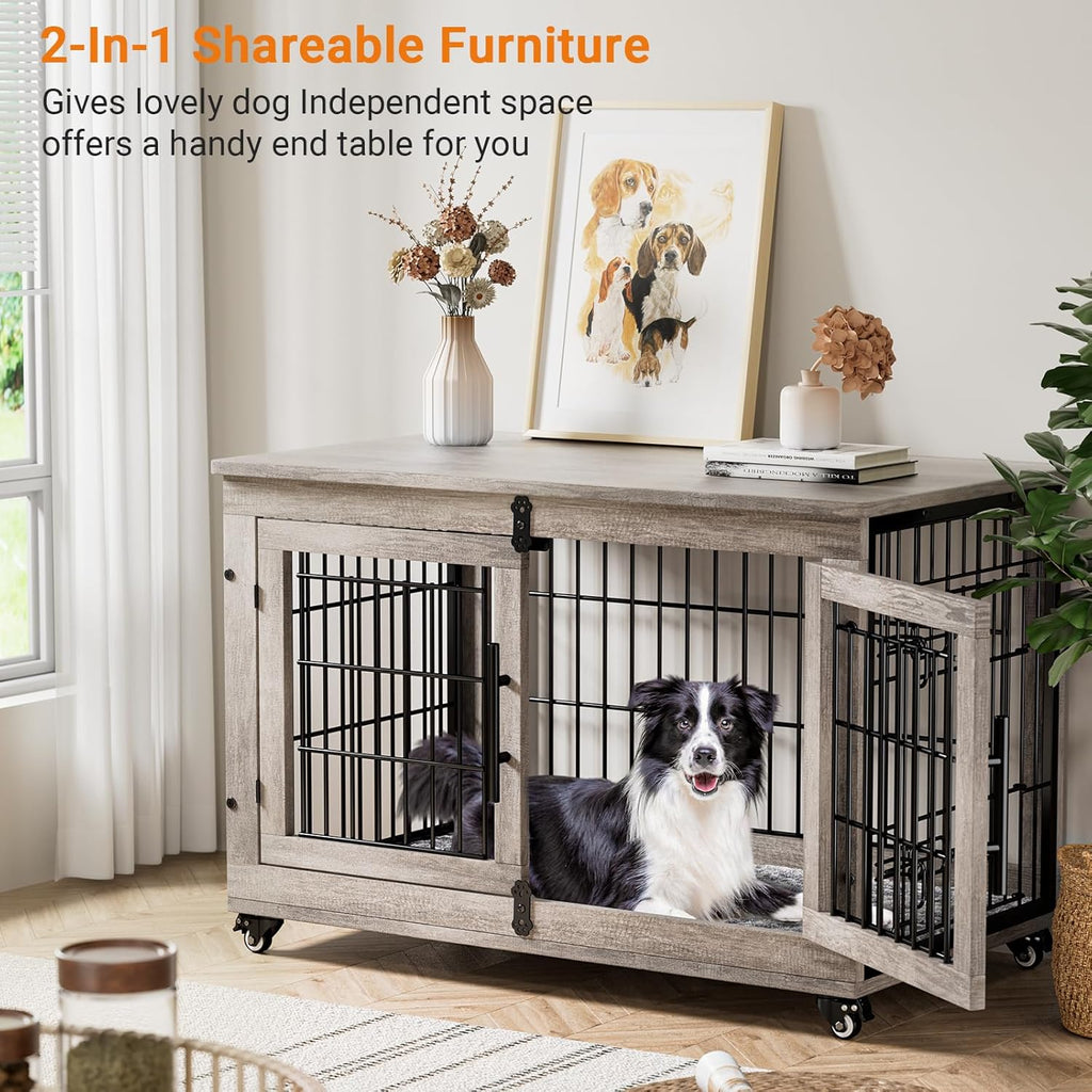 Lulive Dog Crate Furniture Set of 2, Dog Kennel Indoor Double Doors Wooden Dog Cage, 38'' Heavy Duty Dog Crate with Cushion & Wheels, End Table Pet House Chew-Resistant Up to 70 lb, Grey