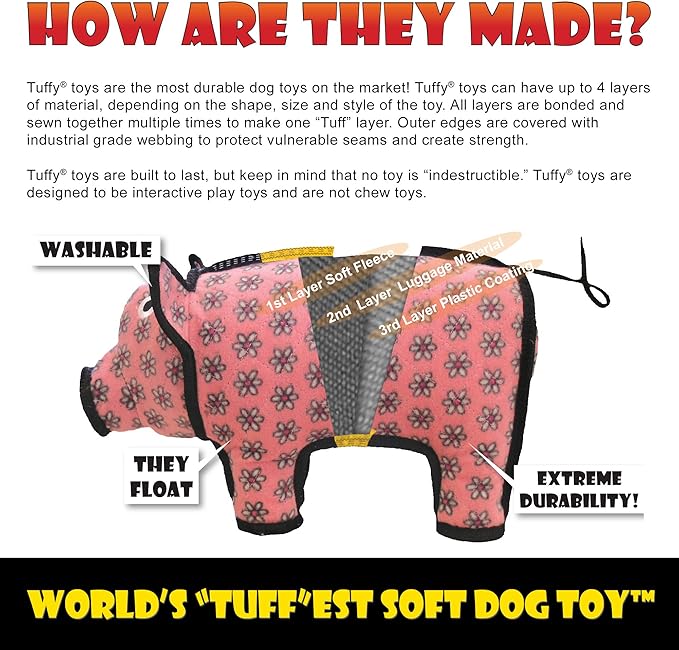 TUFFY - World's Tuffest Soft Dog Toy - Barnyard White Rabbit - Squeakers - Multiple Layers. Made Durable, Strong & Tough. Interactive Play (Tug, Toss & Fetch). Machine Washable & Floats